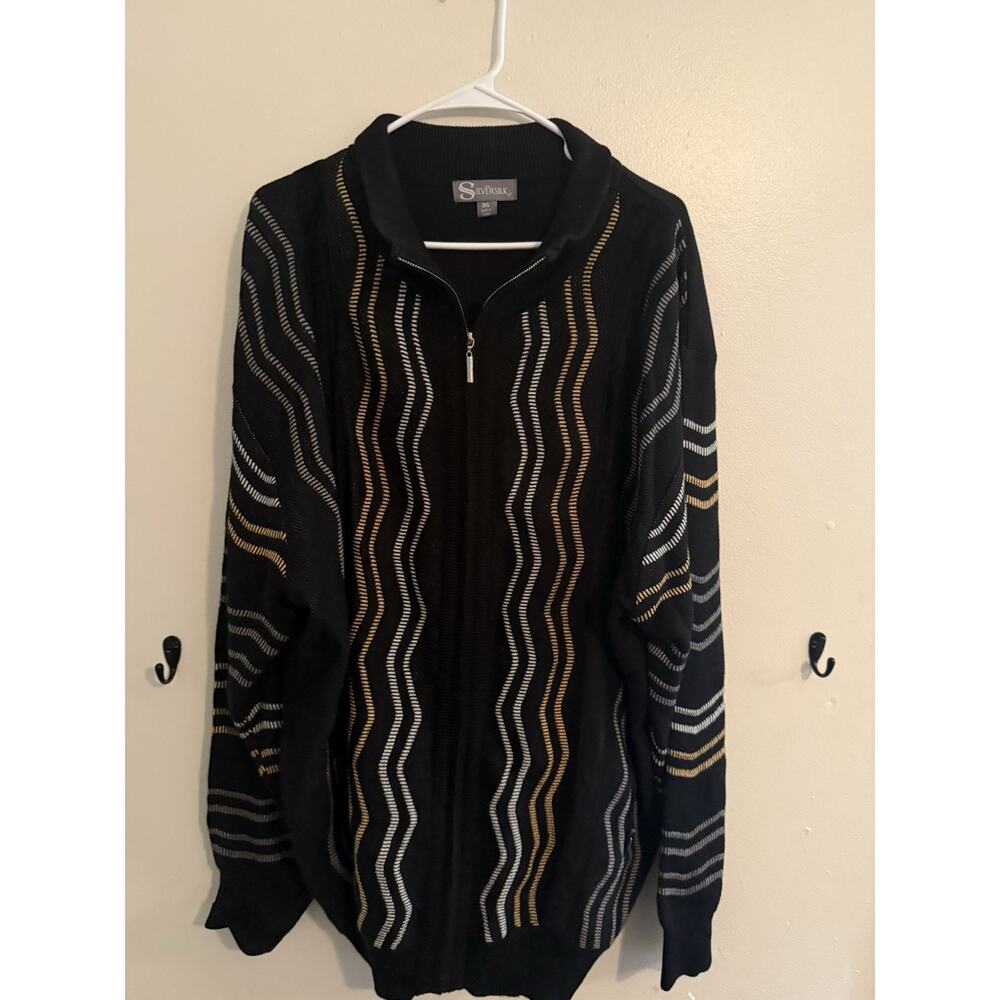 Silversilk 3XL Black Quarter Zip Knit Sweater Wave Pattern Pullover